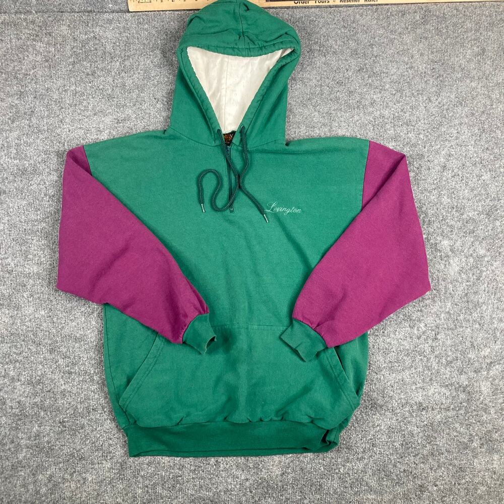 Sun Triangle Hoodie Mens L-XL Green Purple Colorblock Pullover USA‎ VTG 90s Y2K